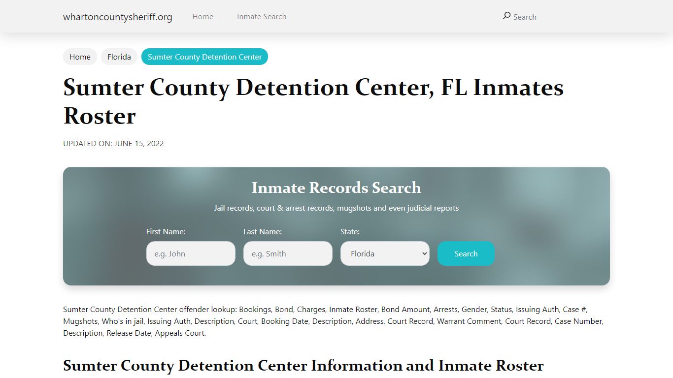 Sumter County Detention Center, FL Jail Roster, Name Search